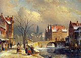 Winter Villagers on a Snowy Street by a Canal by Charles Henri Joseph Leickert